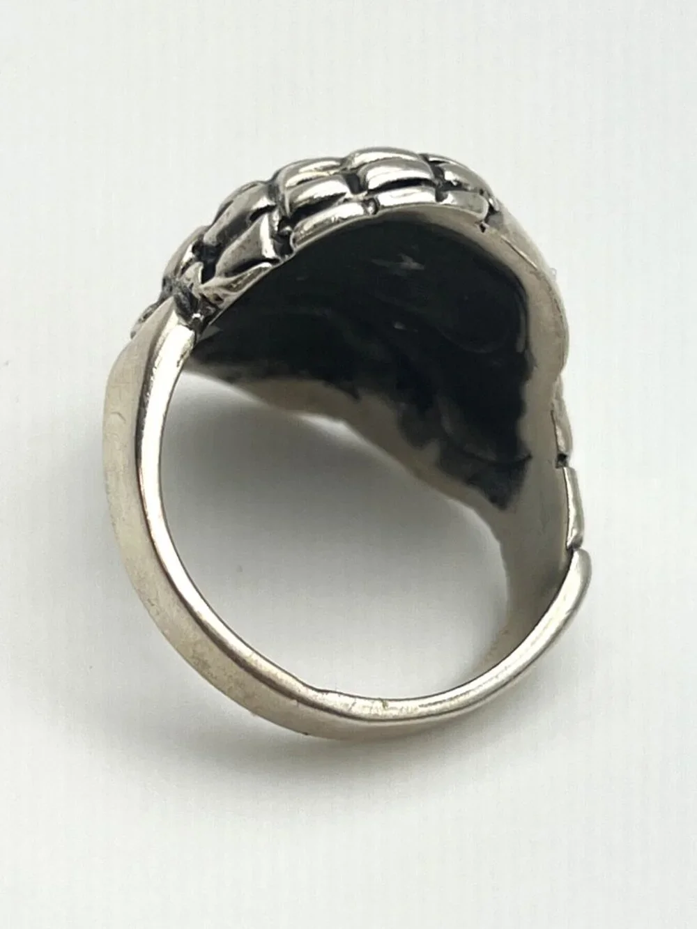 925 Silver Men's Gothic Skull Ring w/ Red Crystal Eyes & Skeleton Hands - Sz. 12